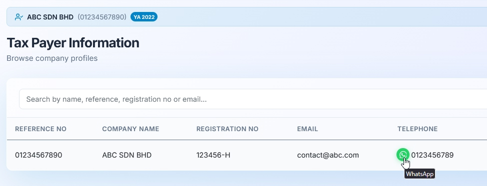 TAXcom AI client profile with WhatsApp messaging