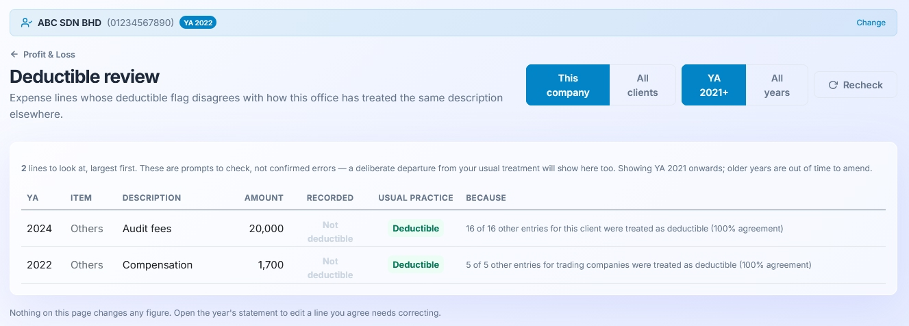 TAXcom AI deductible review screen